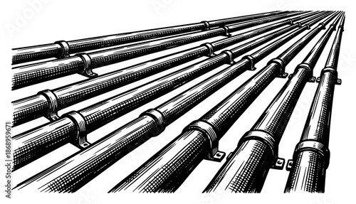 Perspective view of parallel industrial metal pipes and tubes