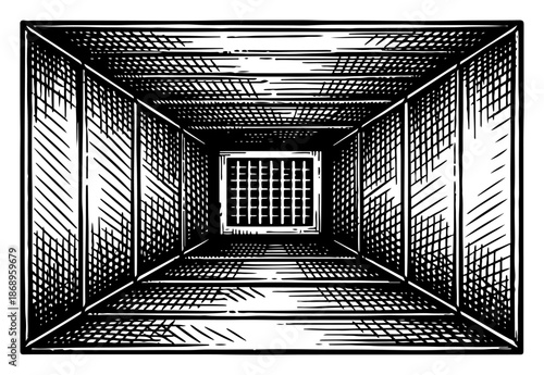 Interior view of rectangular ventilation duct with metal grate