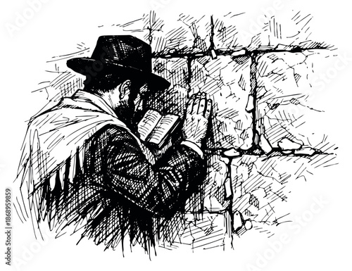 Hand drawn line art illustration of a Jewish man depicting prayer and devotion at a sacred wall for religious and spiritual concepts