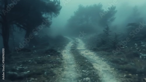 A misty forest path winds into the distance, shrouded in fog with dark trees on each side