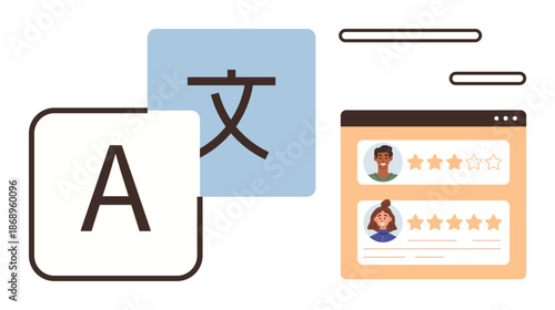 Language learning, translation services, user reviews, online ratings, feedback platforms, web interface. Modern visual with translation alphabets and user rating interface. Translation and user