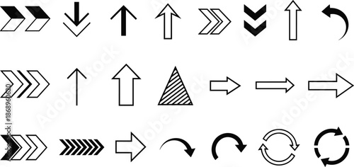 Arrow icons set, navigation direction symbols collection, forward backward up down arrows, user interface design elements