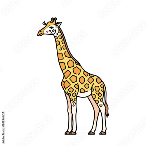 A cute cartoon vector illustration of a tall wild giraffe mammal with a long neck standing in profile and walking isolated on a white background for safari zoo wildlife nature designs