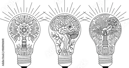 Artificial intelligence creativity concept, human brain and technology fusion, innovation ideas, digital thinking, mechanical and electronic mind illustration