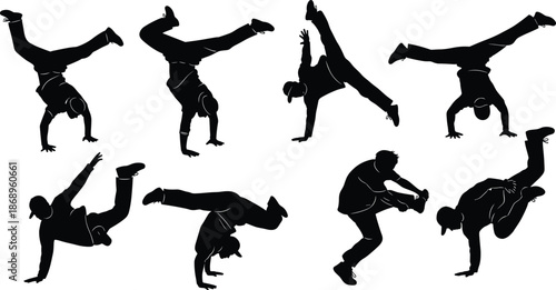 Breakdance silhouette vector set, hip hop street dancer poses, urban dance movement icons isolated white background