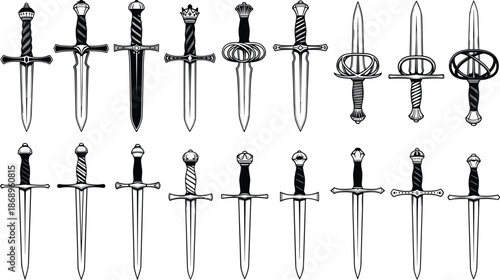 Medieval dagger and short sword set, antique blade illustrations, historical weapon collection, black line art, isolated white background