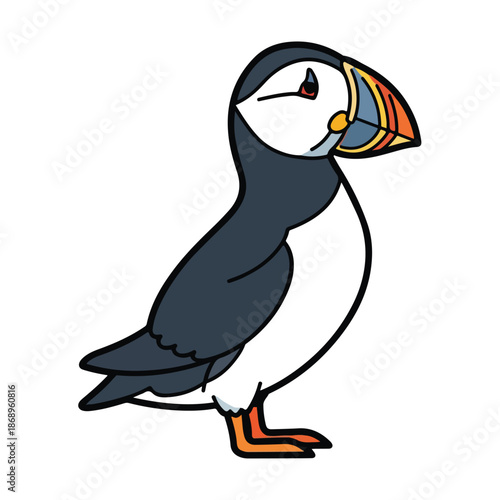 A cute cartoon penguin character stands on cold winter ice in this funny wildlife illustration, featuring a happy baby animal design with a yellow beak and vector art style