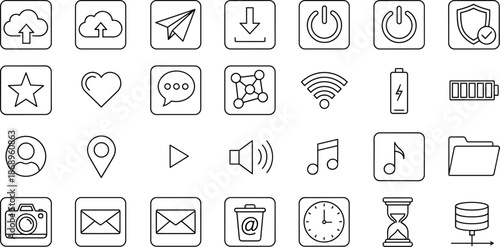 UI UX outline icons set, mobile app interface symbols, web navigation buttons, modern digital user experience elements