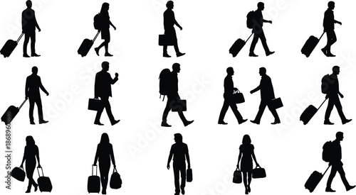 Travel people silhouette vector set, passengers with luggage walking, business travelers airport journey icons isolated white background