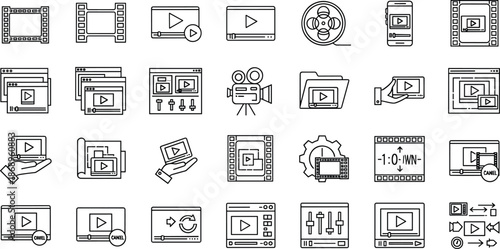 Video player line icons set, media playback symbols, film editing controls, streaming interface elements, multimedia outline icons collection