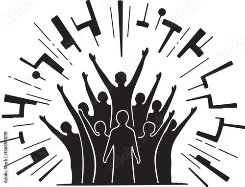 Group of People Celebrating with Raised Arms in Unison