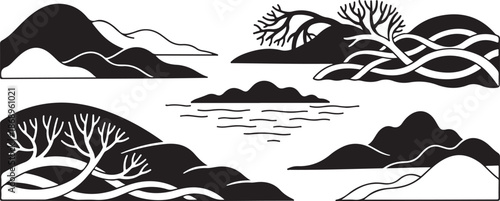 Black and White Mountain Landscape with Trees and Water