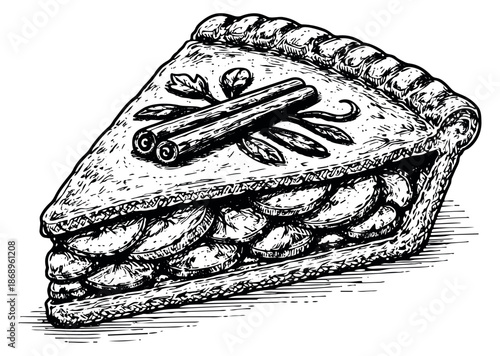 Hand drawn line art illustration of a slice of apple pie depicting cinnamon sticks and leaves for bakery and cafe menus