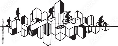 Cityscape with people riding bicycles and skateboards in black