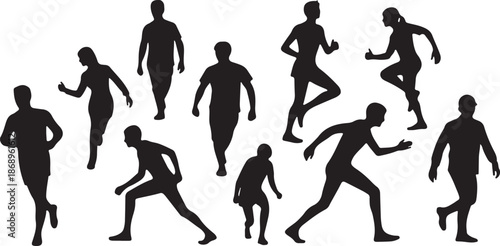 Silhouettes of people running in various dynamic poses