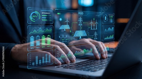 Hands typing on a laptop with holographic dashboards displaying energy data and renewable power visualization
