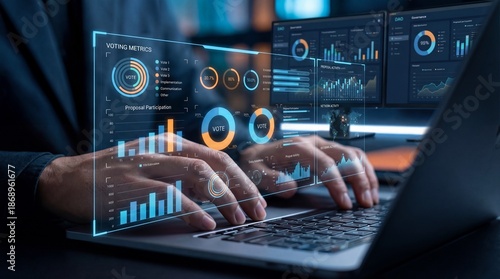 Data analytics dashboard with charts and graphs on a laptop screen