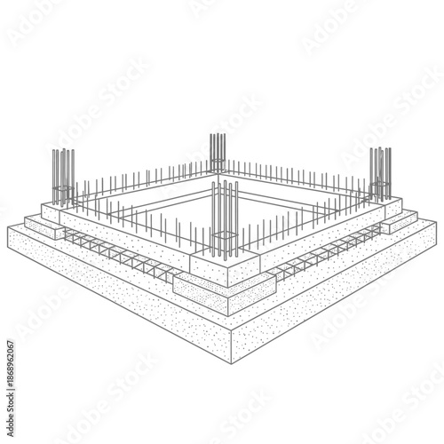 Building foundation construction diagram with rebar and concrete foundation.
