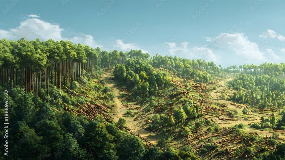 Obraz premium Conceptual landscape illustration of deforestation with cut trees and logging paths across green hills, symbolizing environmental damage, climate change, forest loss, and human impact on nature.