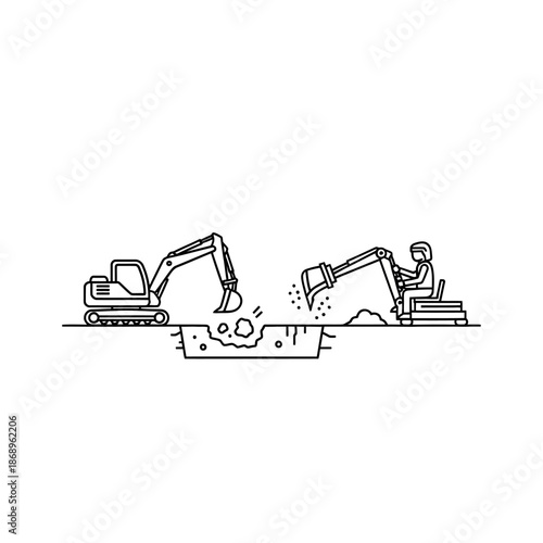 excavators working together on construction site.