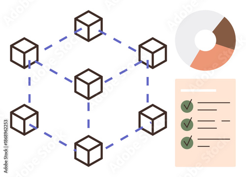 Blockchain, data management, decentralized systems, analytics, verification, technology solutions. Connected blocks, pie chart and checklist with ticks. Blockchain and data management conceptual