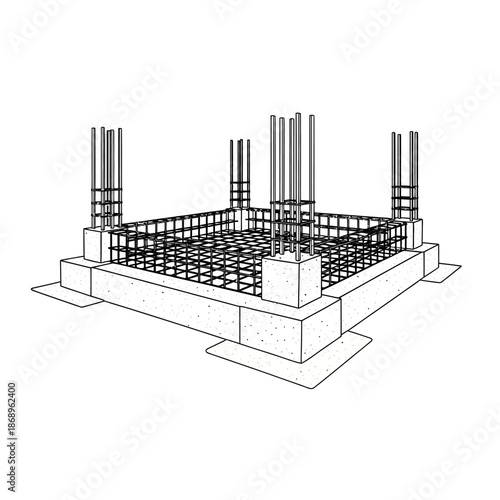Reinforced concrete foundation with rebar and columns.