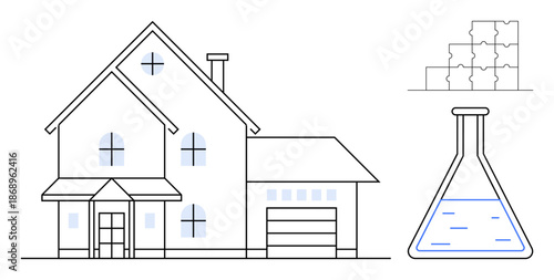 Science concept. Science connects home innovation, chemistry for sustainable materials, and puzzle elements for collaboration in modern projects. For construction, sustainability, education