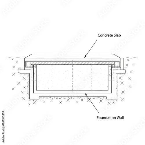 Foundation wall and concrete slab technical diagram.