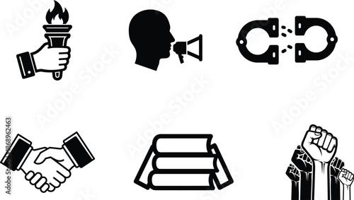 black and white icons of hand holding torch person speaking into megaphone handcuffs handshake books and raised fists