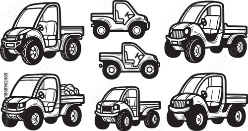 Set of cartoon pickup trucks in various positions