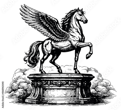 Hand drawn line art illustration of Pegasus on a classical pedestal depicting power and grace for mythology and fantasy concepts