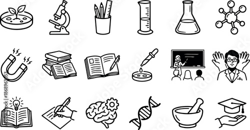 Line art doodle science and education icon set showing microscope, petri dish, test tube, dna, books, pencil, teacher, graduation cap