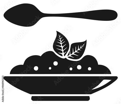 Black and White Food Icon: Spoon, Dish with Leaves, Simple Graphic