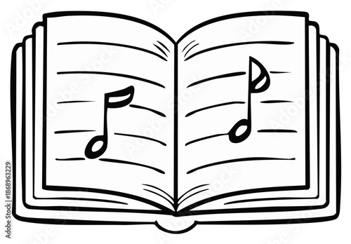 Open music book showing two musical eighth notes in a clear simple line art style
