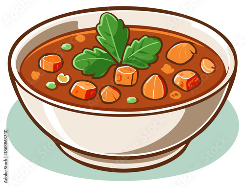 Warm bowl of hearty vegetable stew with carrots peas and parsley cartoon illustration
