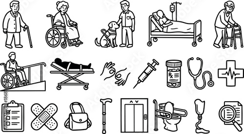 Line art icon set close up elderly care scenes showing caregiver with wheelchair patient using cane walker and hospital bed iv