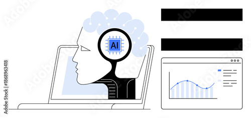 Human profile with AI chip brain inside a laptop screen, next to a digital analytics graph. Ideal for AI technology, data science, innovation, machine learning, research, automation, development