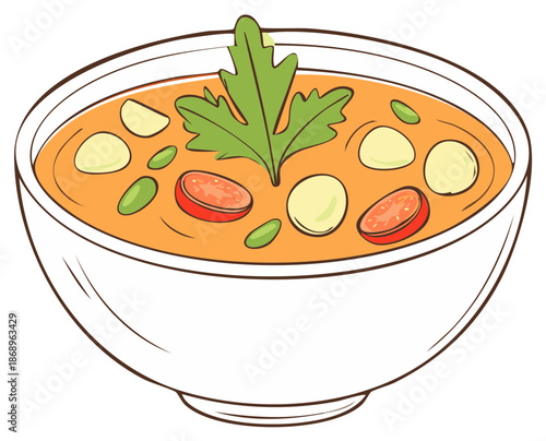 Delicious soup with vegetables and herbs in a white bowl
