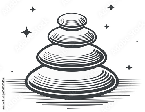 Zen Stones: Stacked Balance with Stars - Woodcut Style Symbol for Peace, Relaxation, and Minimalist Decor