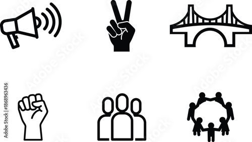 collection of black and white icons depicting social and communication symbols