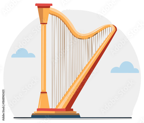 Golden Harp Musical Instrument with Clouds and Abstract Background