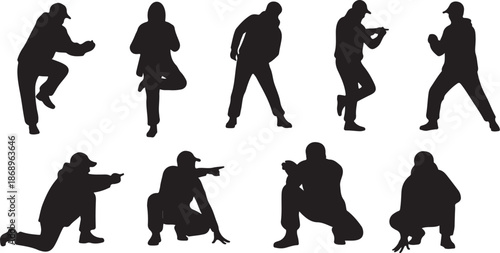 Silhouettes of people in various poses and actions