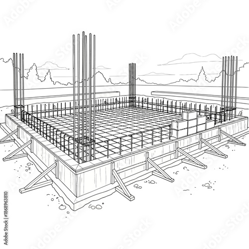 Building foundation construction with rebar and concrete piles.