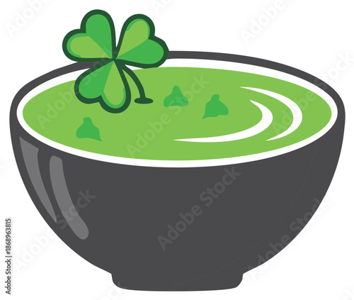 St Patrick's Day green soup in a black bowl with a shamrock garnish vector illustration