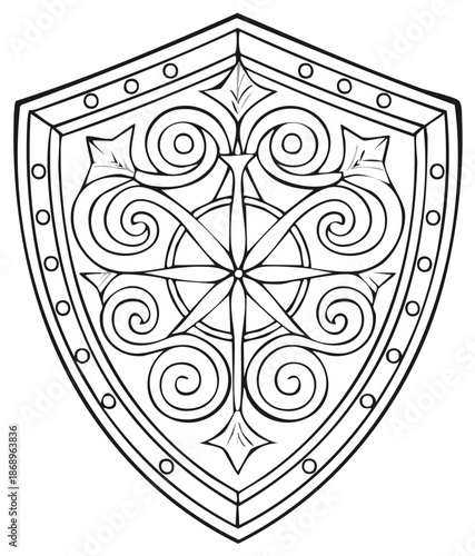 Ornate shield with spiral decoration and rivet border, hand-drawn outline for coloring book illustration