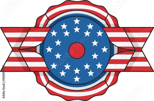 Illustration of an emblem featuring stars and stripes in a design reminiscent of the American flag