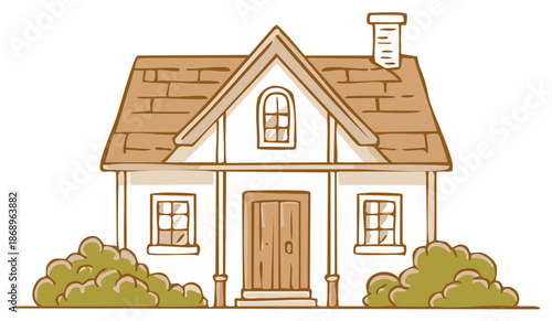 Charming Hand Drawn House Illustration with Traditional Architecture Gable Roof and Cozy Bushes