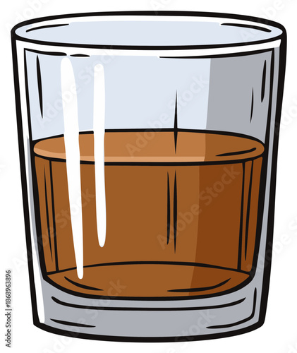 Cartoon Style Glass Filled With Amber Liquid And Ice Cubes