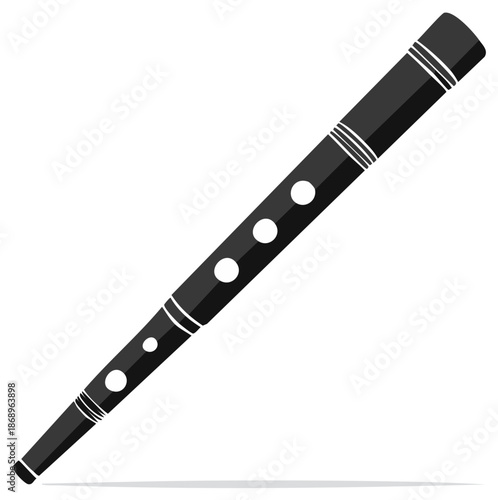 Illustration of a black wooden flute with holes and white stripes