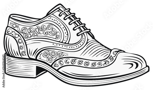 Elegant Black and White Detailed Brogue Shoe Illustration